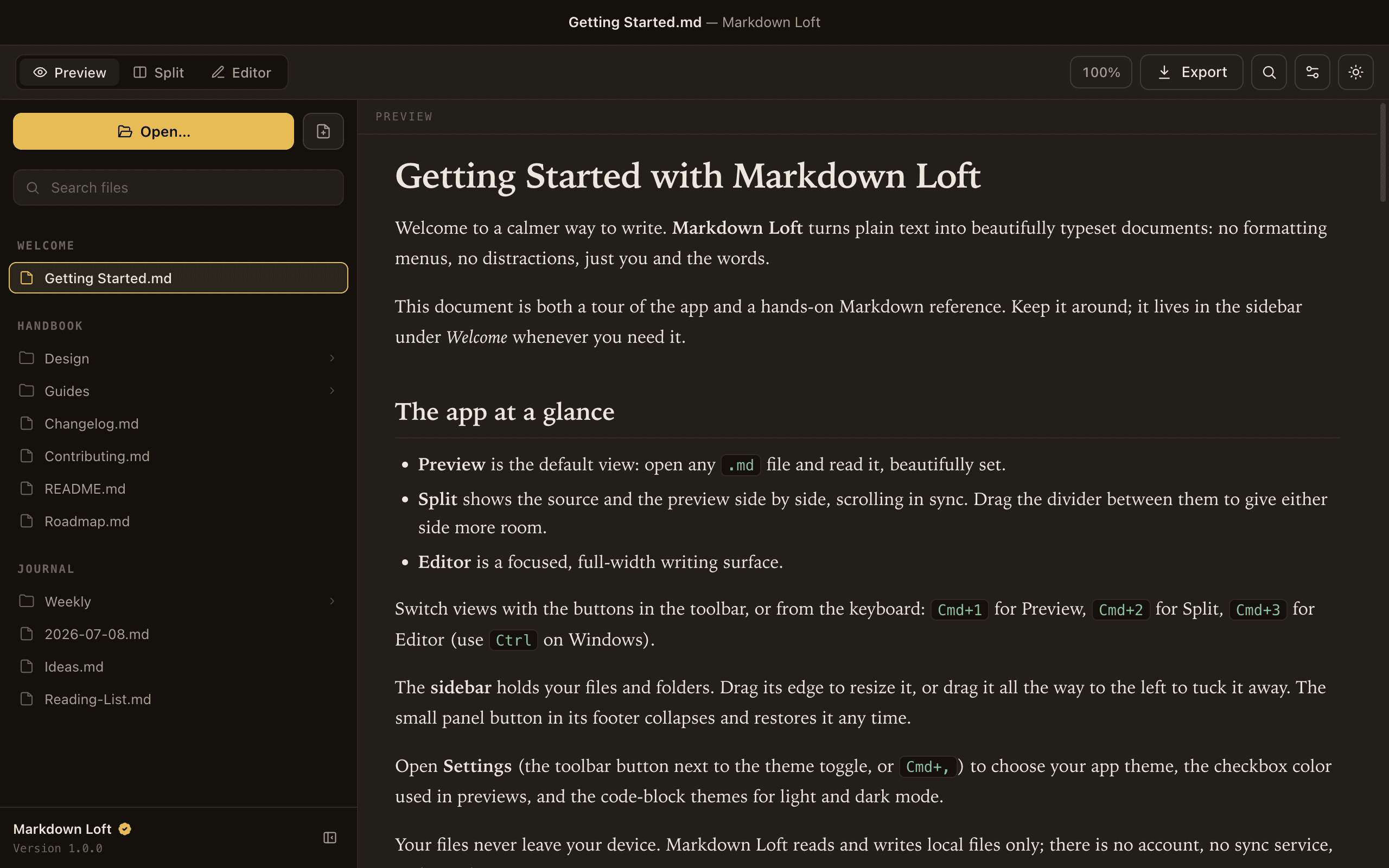 Markdown Loft rendering a document with book-quality typography, tables, and task lists