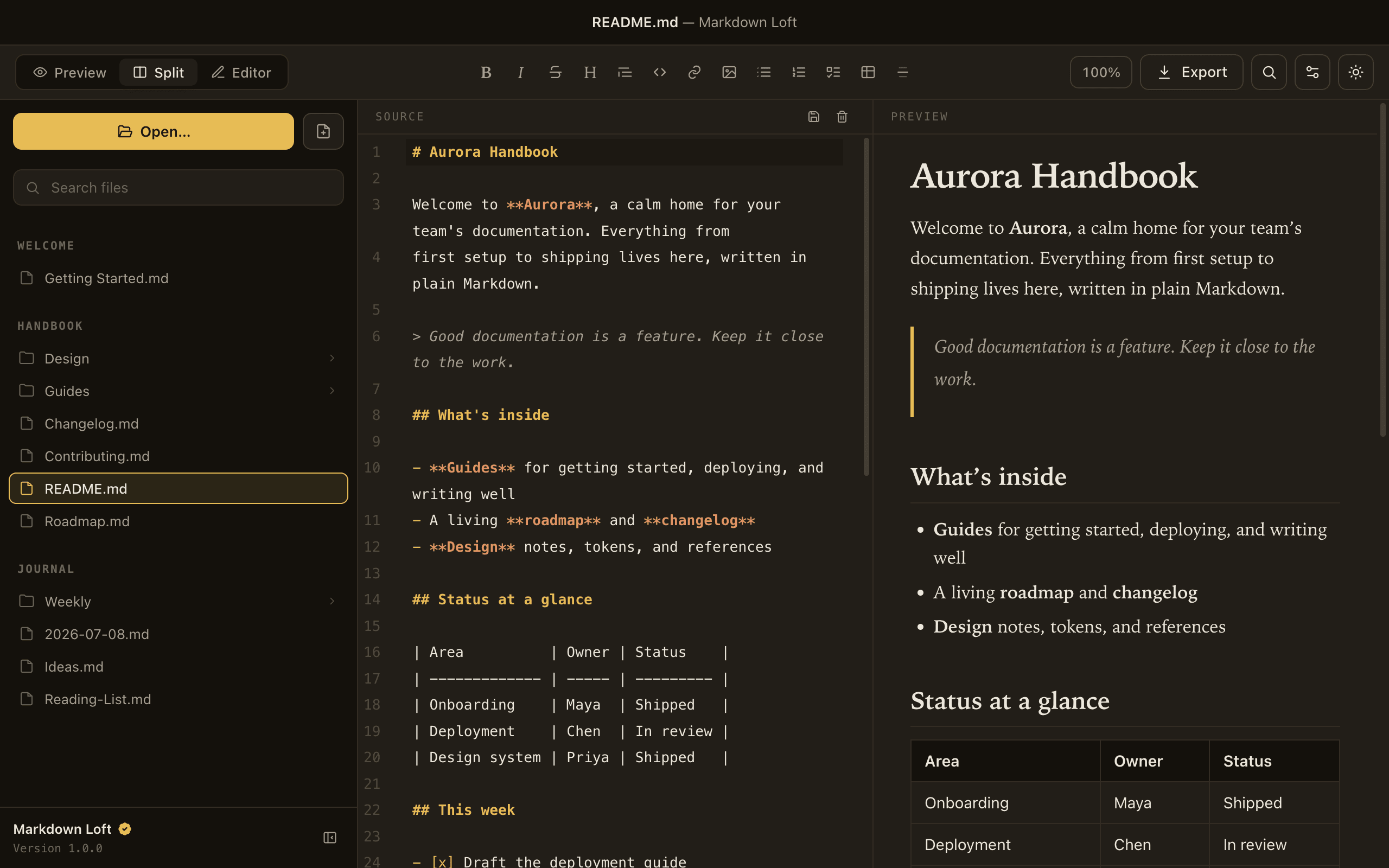 A live split editor with the source and rendered preview scrolling in sync