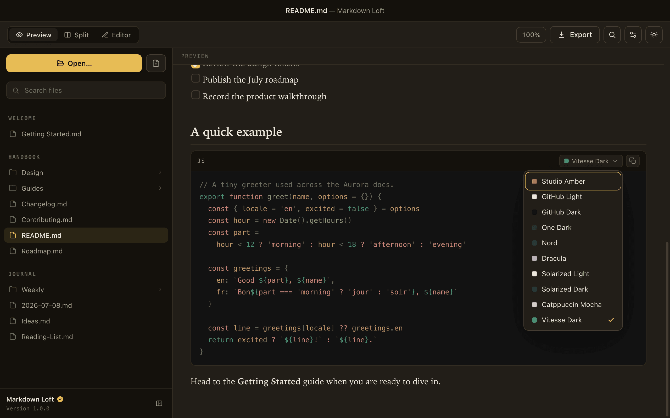Syntax-highlighted code blocks with a one-click copy button